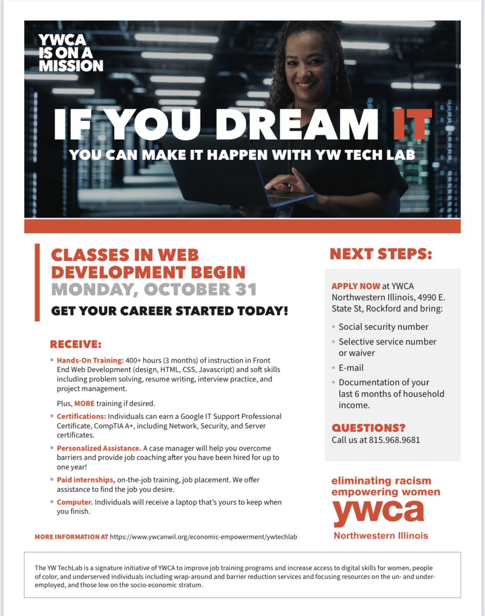 WorkforceTWC's tweet photo. The YWCA is currently enrolling students for web development classes to begin in! Check it out and give them a call today. https://t.co/xFttgqhB5Q