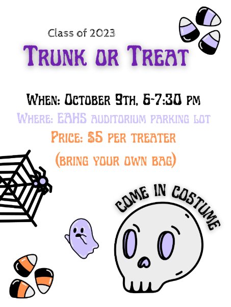 EAHS Class of 2023 Trunk or Treat - The EAHS Class of 2023 is holding a Trunk or Treat in the front parking lot (along William Penn Hwy) at EAHS  Sunday, October 9 from 6-7:30 PM.  The cost is $5/Trunk or Treater.  Trunk or... edne.tw/n809416