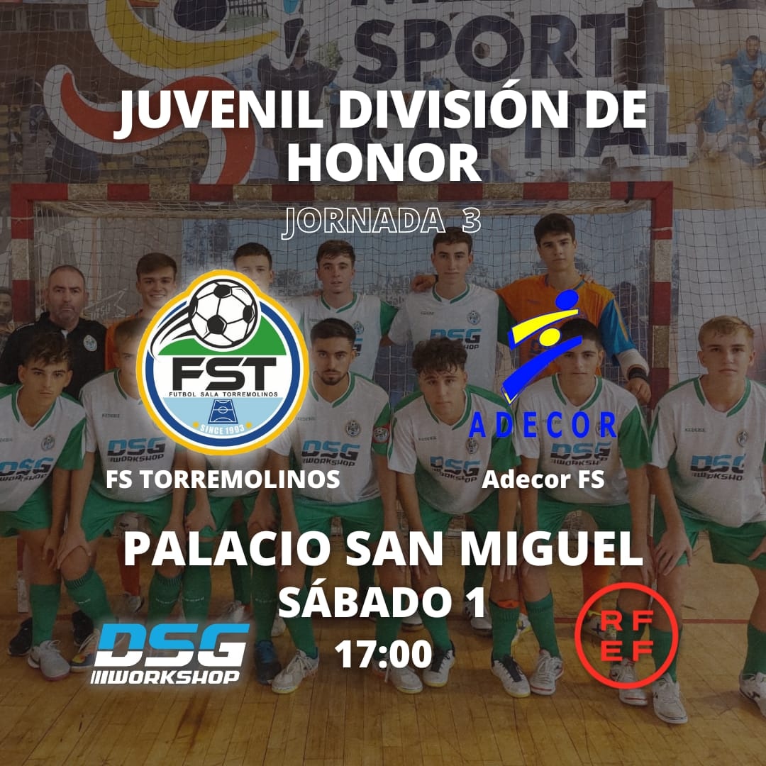 FSTorremolinos's tweet photo. El DSG Workshop FST  tiene este sábado su segundo partido en casa ante Adecor.

⚽ MATCHDAY ⚽

🆚 Adecor FS

⏰ 17:00 h

🏟️ Palacio San Miguel 

🏷️ 2€ https://t.co/3hW5OrgYwg