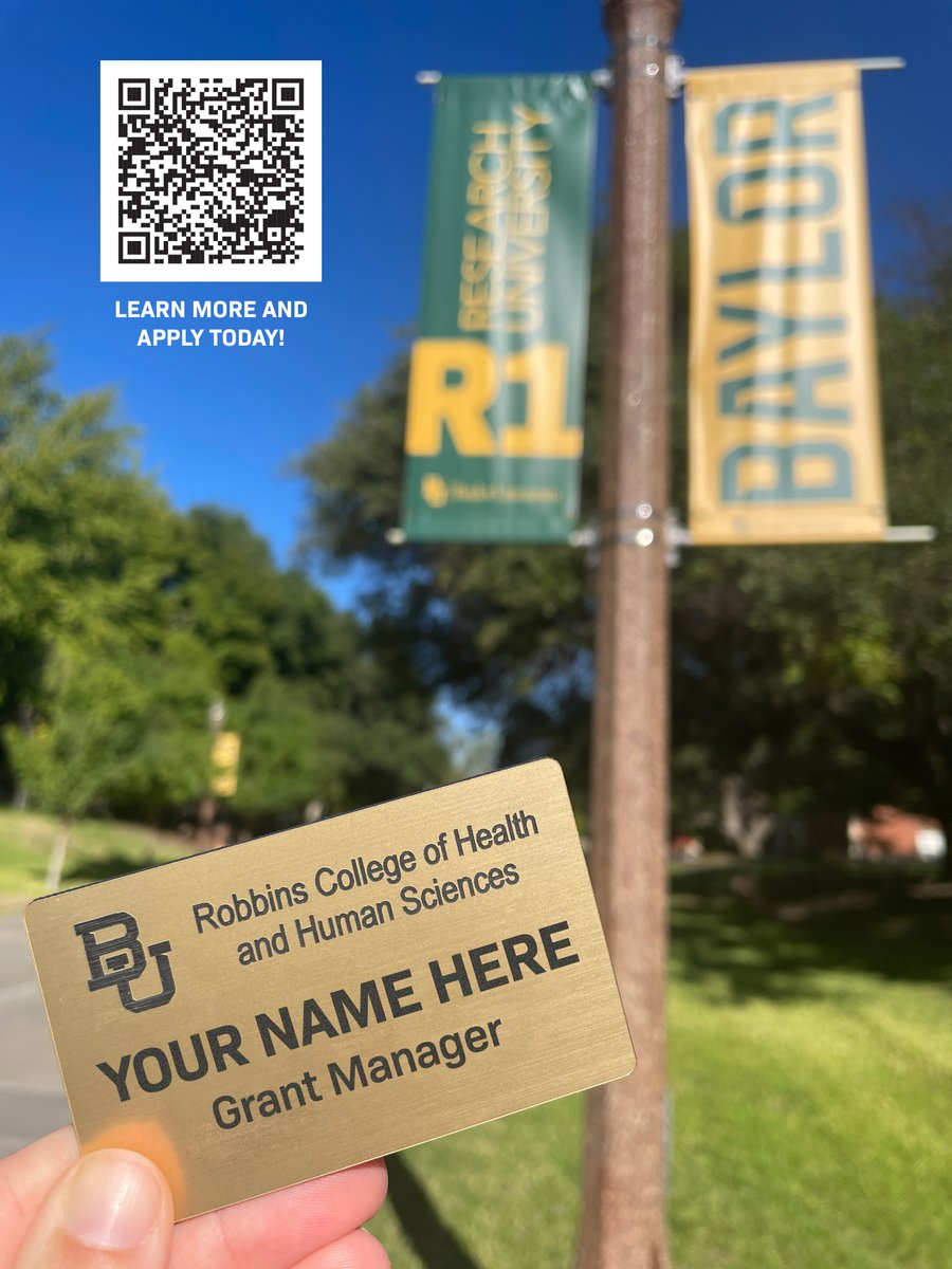RobbinsCollege's tweet photo. The Robbins College of Health and Human Sciences at @Baylor is seeking to hire a Grant Manager! This vital position will offer administrative support to College faculty as they seek to meet their research objectives. 
Learn more and apply today: https://t.co/Pwx6arQrO4 https://t.co/9eFHk169Zw