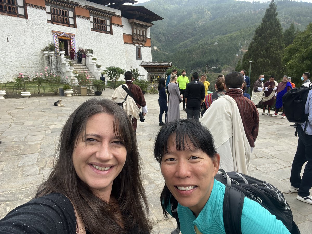 Lorna_Explorer's tweet photo. Unbelievable privilege to be here for the official opening of the #transbhutantrail today. The ceremony took place in the inner sanctum of Bhutan’s oldest original fortress. (That’s @amymcp_writer - hiker extraordinaire with me) @TrailBhutan @tourismbhutan https://t.co/zAu41VbPQn