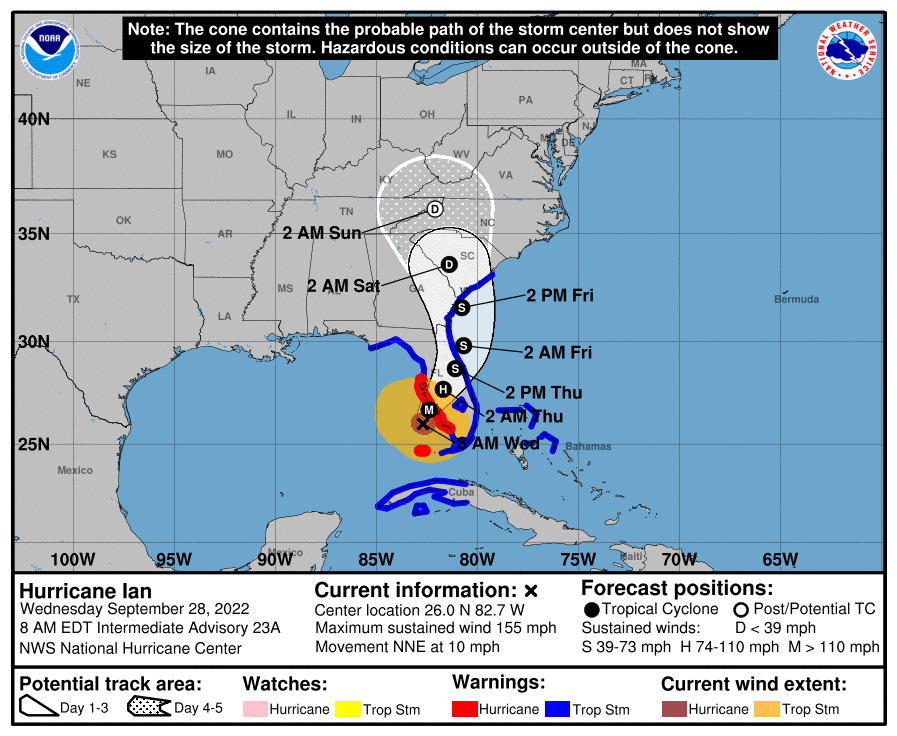 FMITAlert's tweet photo. FMIT Alert Lv 5: High - Hurricane Ian is nearing category 5 strength with current wind speeds of 155 MPH moving north-northeast at 9 MPH. Ian is expected to make landfall today near the Port Charlotte/Fort Myers area. Additional information at https://t.co/UJrqB5d2jA https://t.co/W3pXgE2SfM