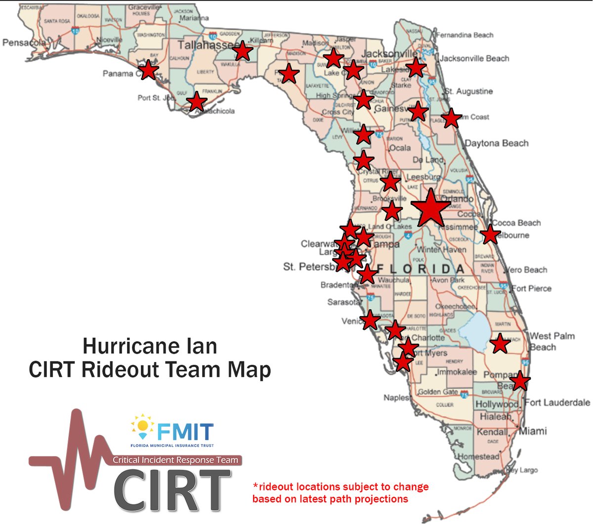 FMIT Alert Lv 5: High - Hurricane Ian is nearing category 5 strength with current wind speeds of 155 MPH moving north-northeast at 9 MPH. Ian is expected to make landfall today near the Port Charlotte/Fort Myers area. Additional information at synergyfmit.com/fmit-alerts/