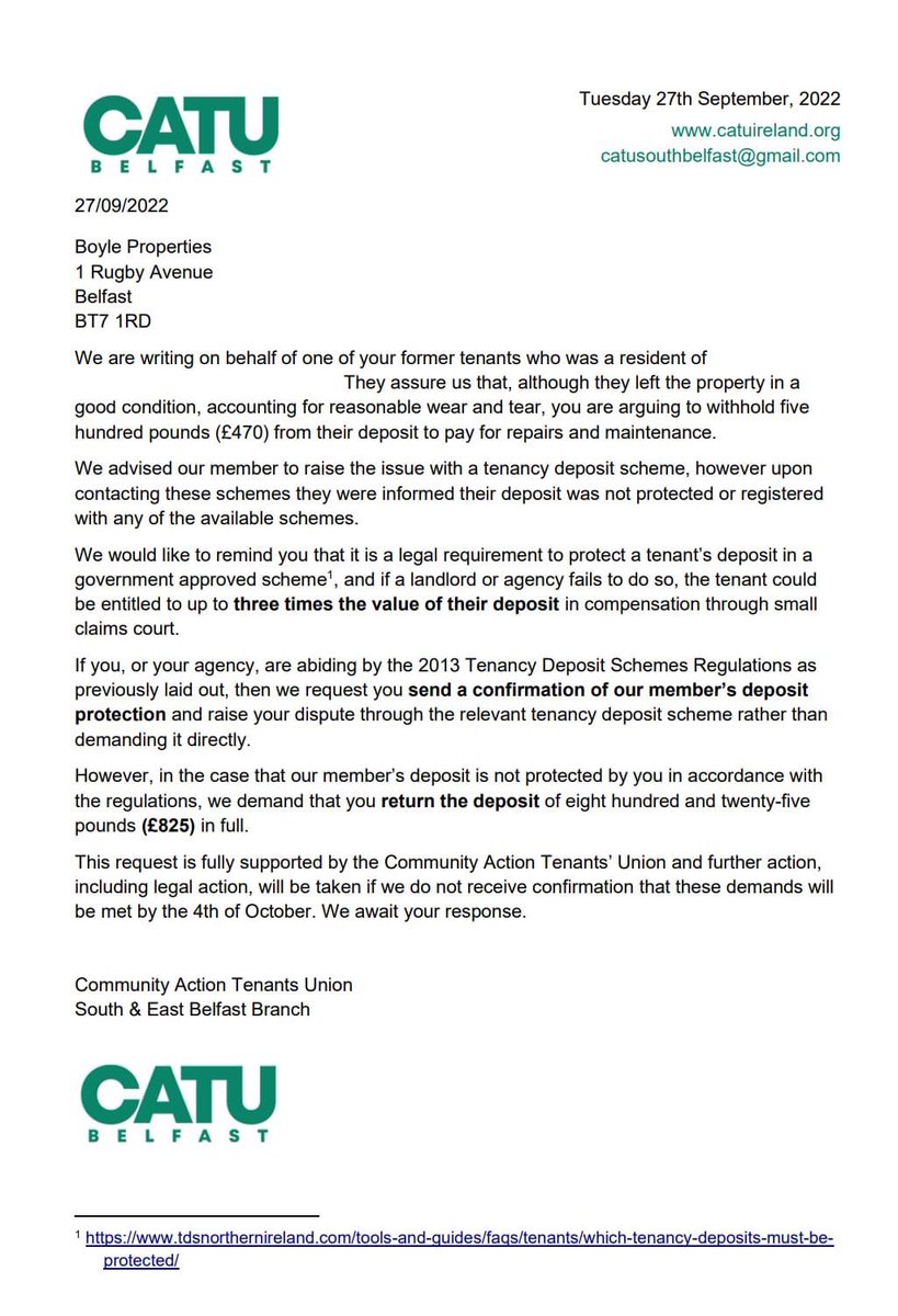 Yesterday CATU Belfast wrote to Boyle Properties regarding a members deposit. When we advised our member to contact one of the three protection schemes, they were told their deposit was not protected. We raised this issue with Boyle.