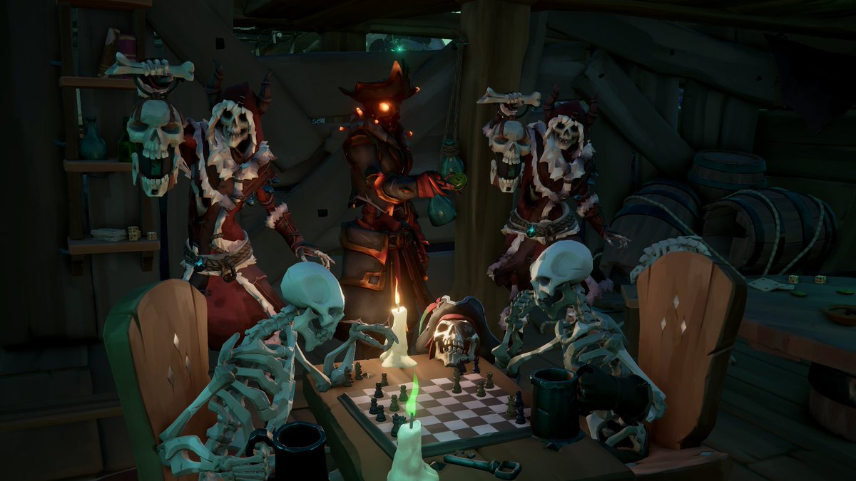 Flying7AM's tweet photo. Who gets the title of "Bones of Wisdom"? Two of the most exquisite skull aristocrats fight it out! People went from calm to anxious and finally to pointing!🤣🤣🤣
@SeaOfThieves
 #SeaOfThieves 
#SoTShot #BeMorePirate https://t.co/kHDvUt5KWK