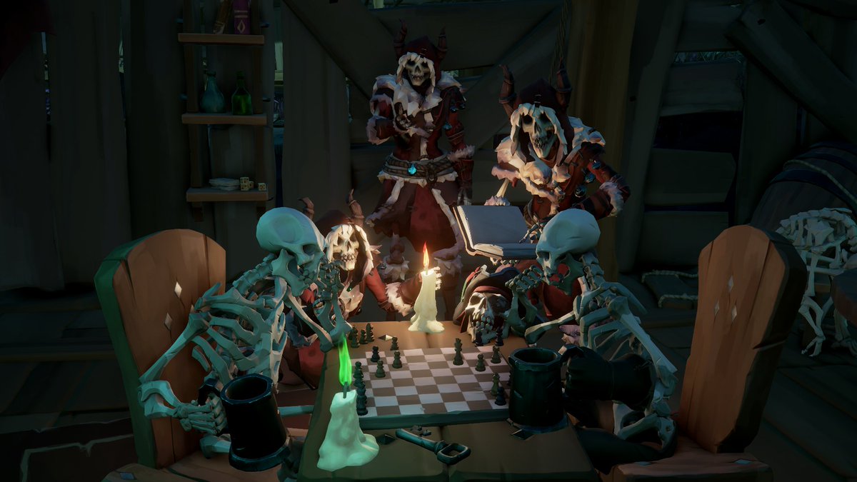Flying7AM's tweet photo. Who gets the title of "Bones of Wisdom"? Two of the most exquisite skull aristocrats fight it out! People went from calm to anxious and finally to pointing!🤣🤣🤣
@SeaOfThieves
 #SeaOfThieves 
#SoTShot #BeMorePirate https://t.co/kHDvUt5KWK