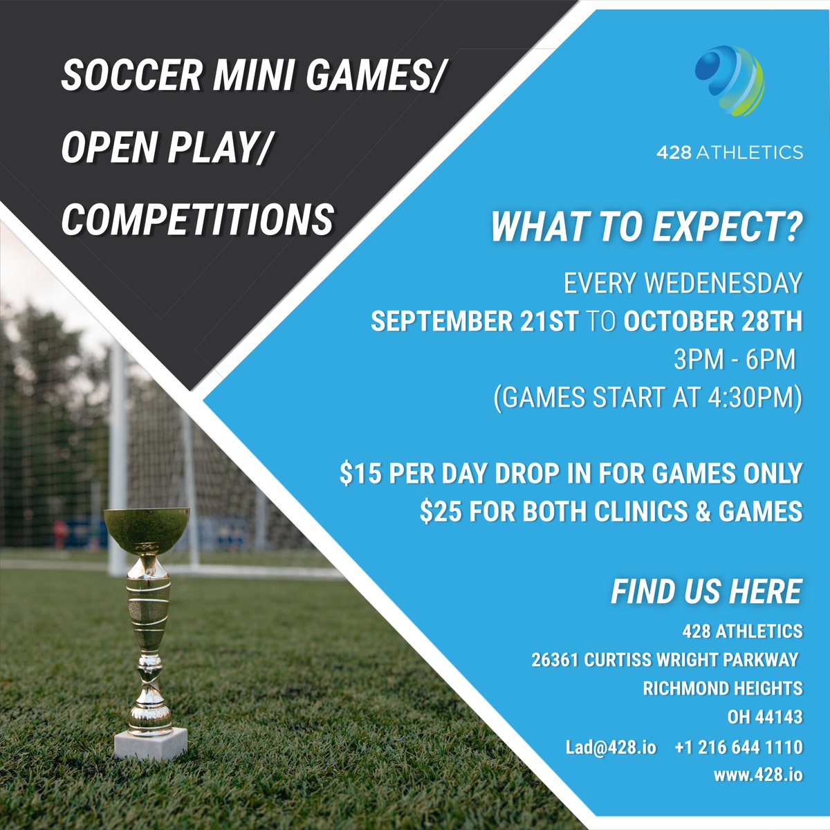 Todays Events 👇

⚾️ Wednesday Baseball Clinic 
⚽️ Soccer Mini Games/Open Play/Competitions 

Register here to join in 👉 428.io/events