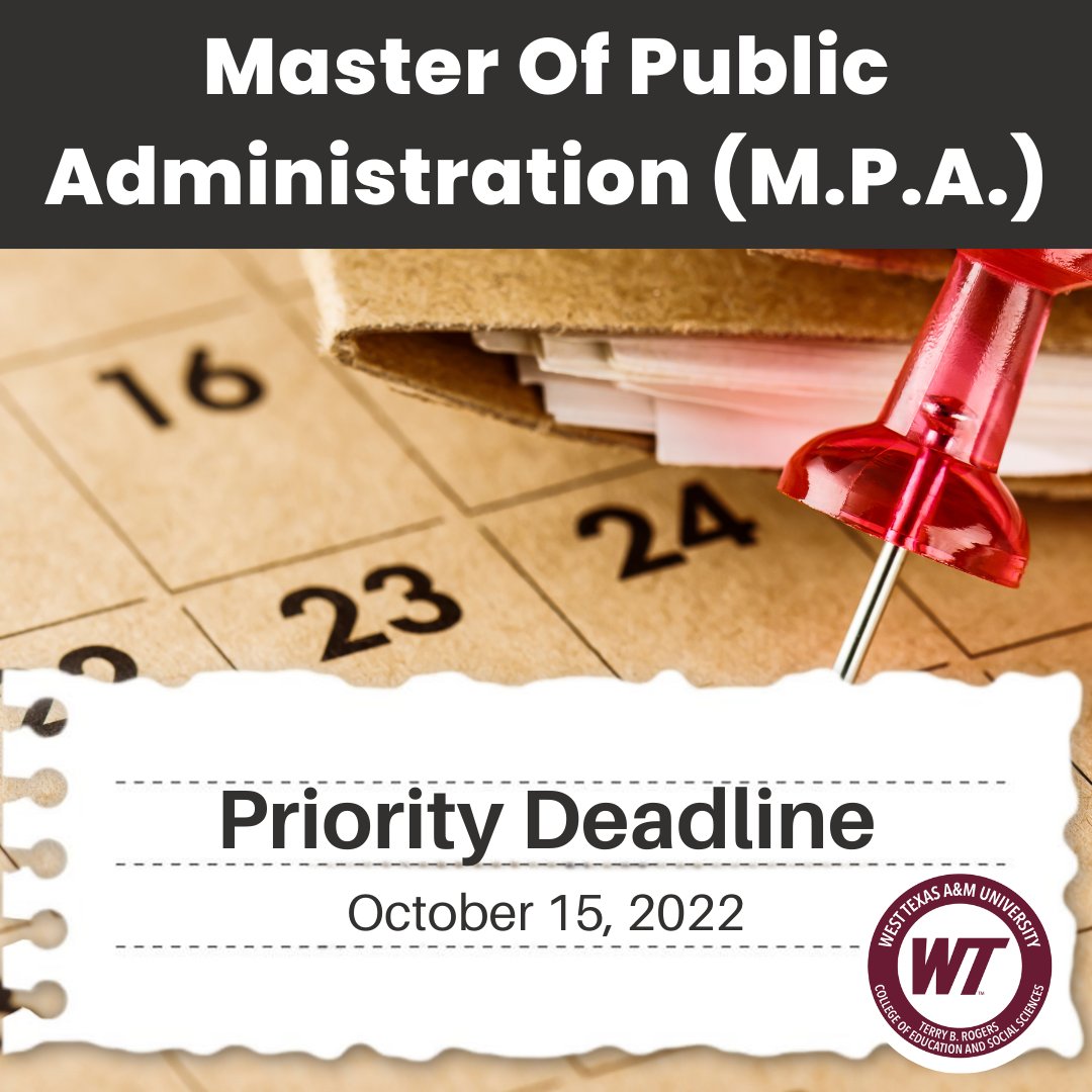 Priority admissions deadline for spring 2023 MPA program is October 15!  No GRE score required. Scholarships and financial aid is available. 

Click the link below for more information: 

wtamu.edu/academics/coll… 

#masterpublicadministration #wtamu #graduateprogram