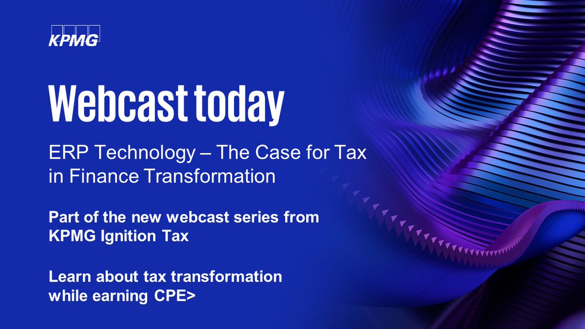 KPMGUS_Tax's tweet photo. Discover how trends in finance operating models are prompting executives to reconsider #TaxFunction in the Ignition webcast today at 2 PM ET. Participants can earn 1 CPE credit:
https://t.co/PxhFmEiHvz https://t.co/AEaY0TdCuC