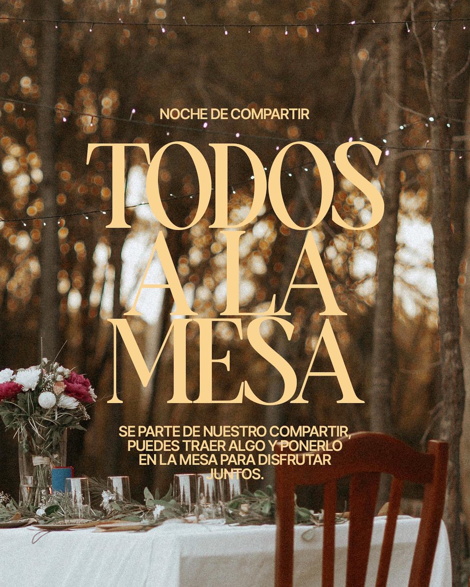 ielairedetucasa's tweet photo. Queremos invitar a toda nuestra iglesia para disfrutar juntos de un gran compartir al que hemos llamado #TodosALaMesa puedes venir y compartir junto con nosotros un tiempo especial para crecer en comunidad como iglesia.
—
Te esperamos en nuestro auditorio desde la 7:30PM. https://t.co/62QalxbdYG