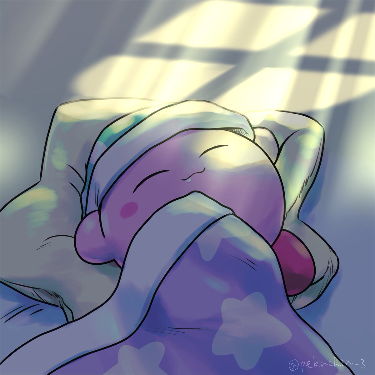 kirby sleeping closed eyes no humans twitter username under covers pillow sunlight  illustration images