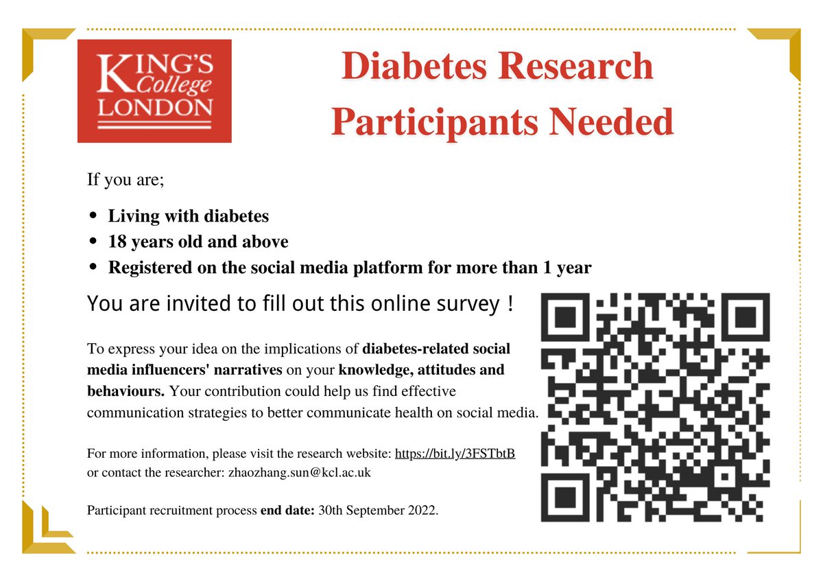 Participants Needed! Recruit people who live with #diabetes, aged 18 years old and above, and who have over 1-year's registration on any social media platform, to join my research on diabetes communication   bit.ly/3Mid53C. Read more here diabetes.org.uk/node/15564