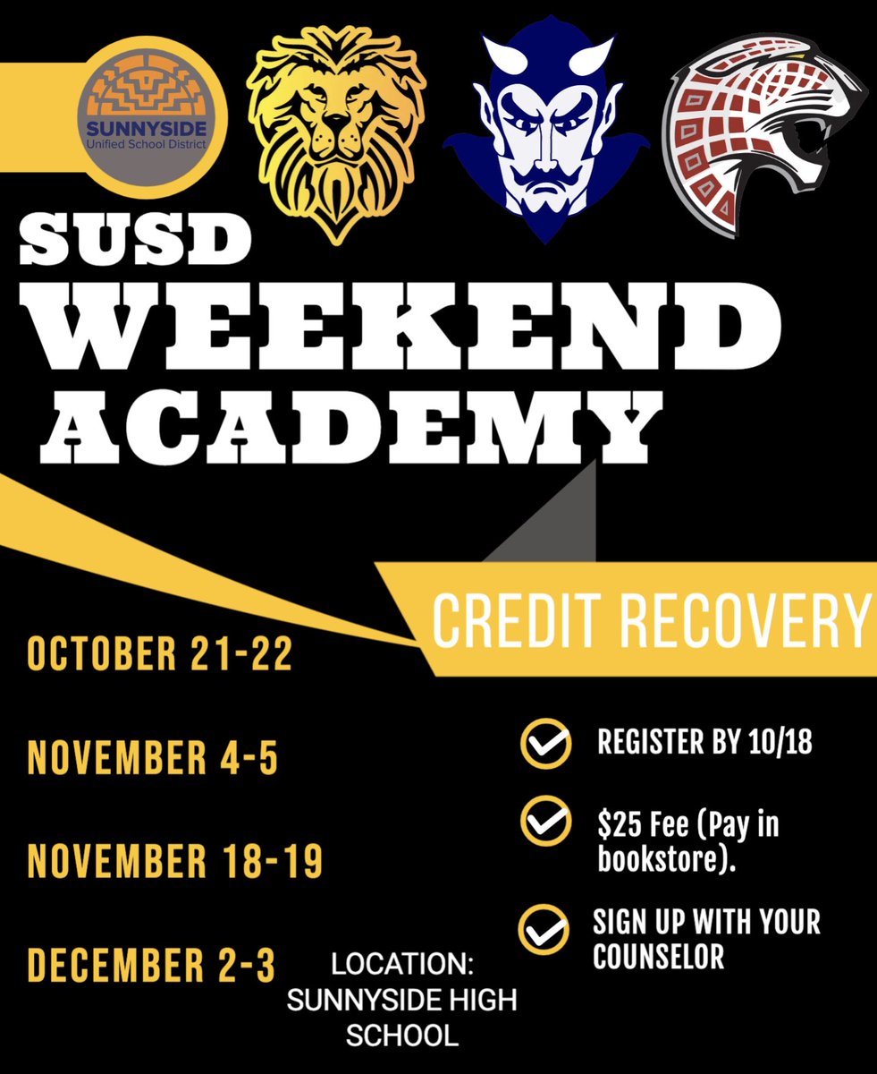Blue Devils! Do you need to recover some of your credits. Weekend Academy will be starting soon. 

Register with your counselor. Registration is due by October 18th. There is $25 fee. 

11/3, 11/17, and 12/1 are google meet tutoring sessions. 

Sign up today!