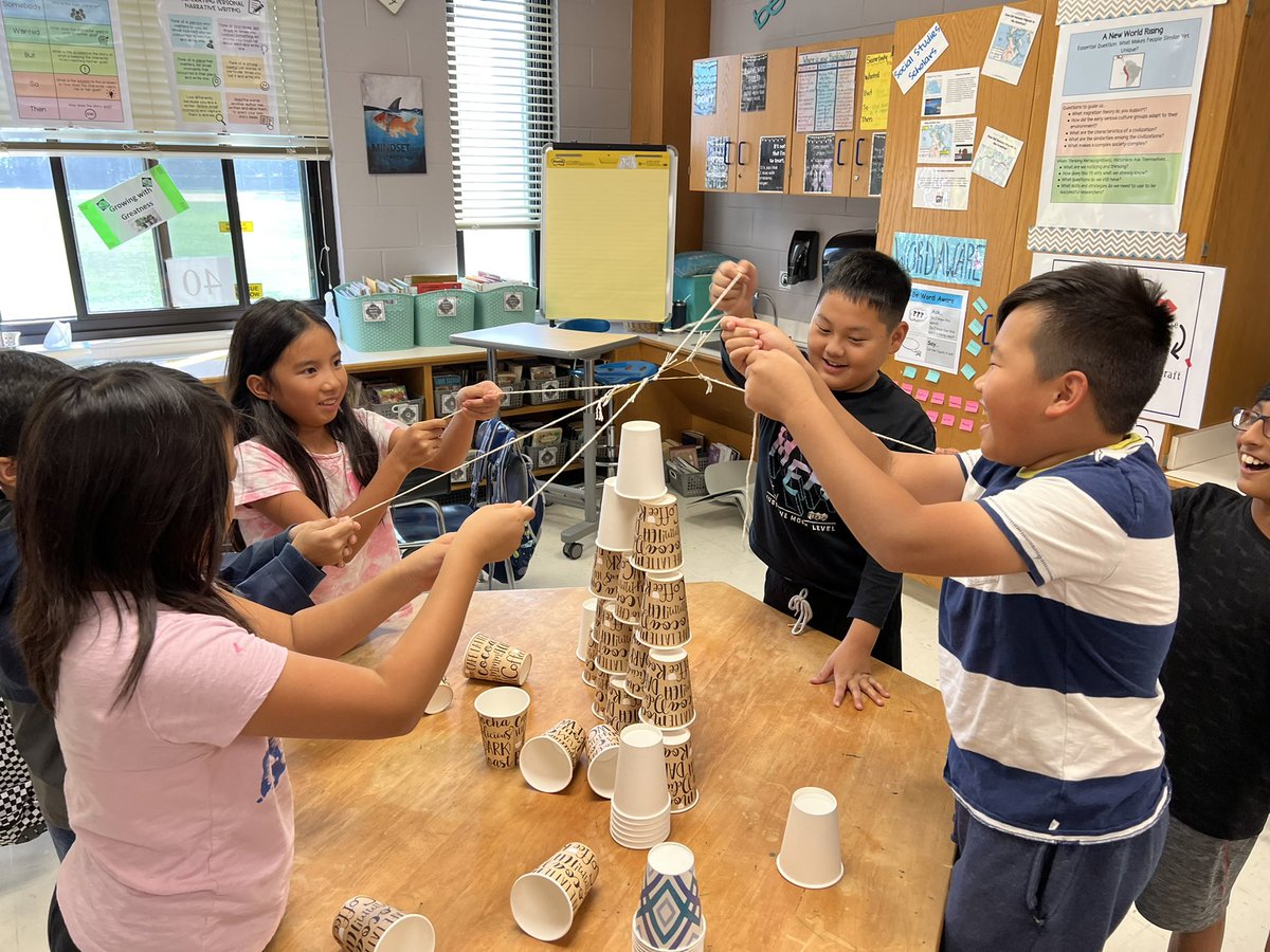 FrudaHenry's tweet photo. Stem team building activity with @Abritasear5 .  Without the use of their hands…Students used teamwork, string, and a rubber band to stack cups into a tower!  @SearingtownK5 #teambuilding #communication #BetterTogether https://t.co/WquVtYROq0