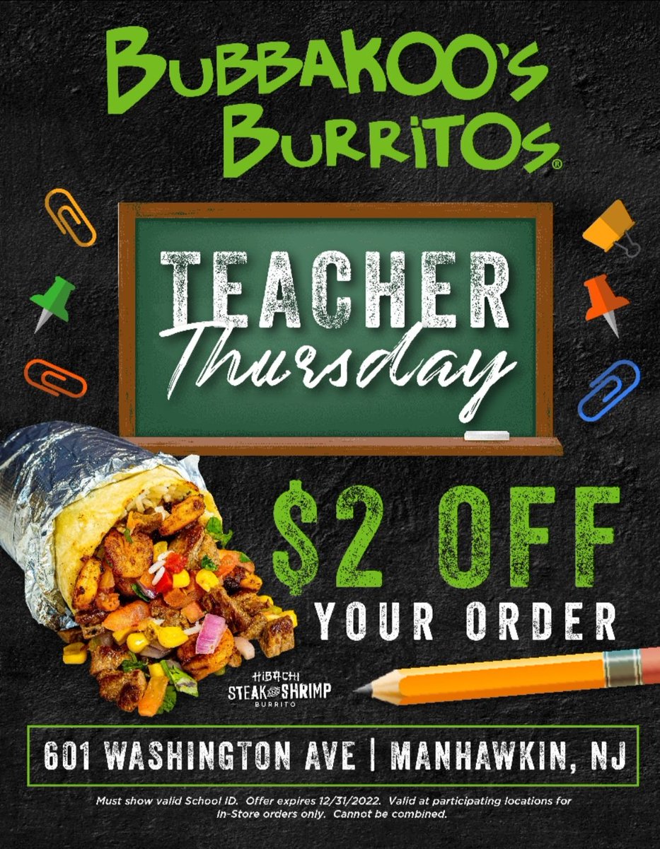 Our GOLD sponsor Bubbakoos Burritos is giving back even MORE!  Teachers go grab a burrito on Thursdays for $2 off!  Show them this tweet! #OneBarnegat #ColorRun