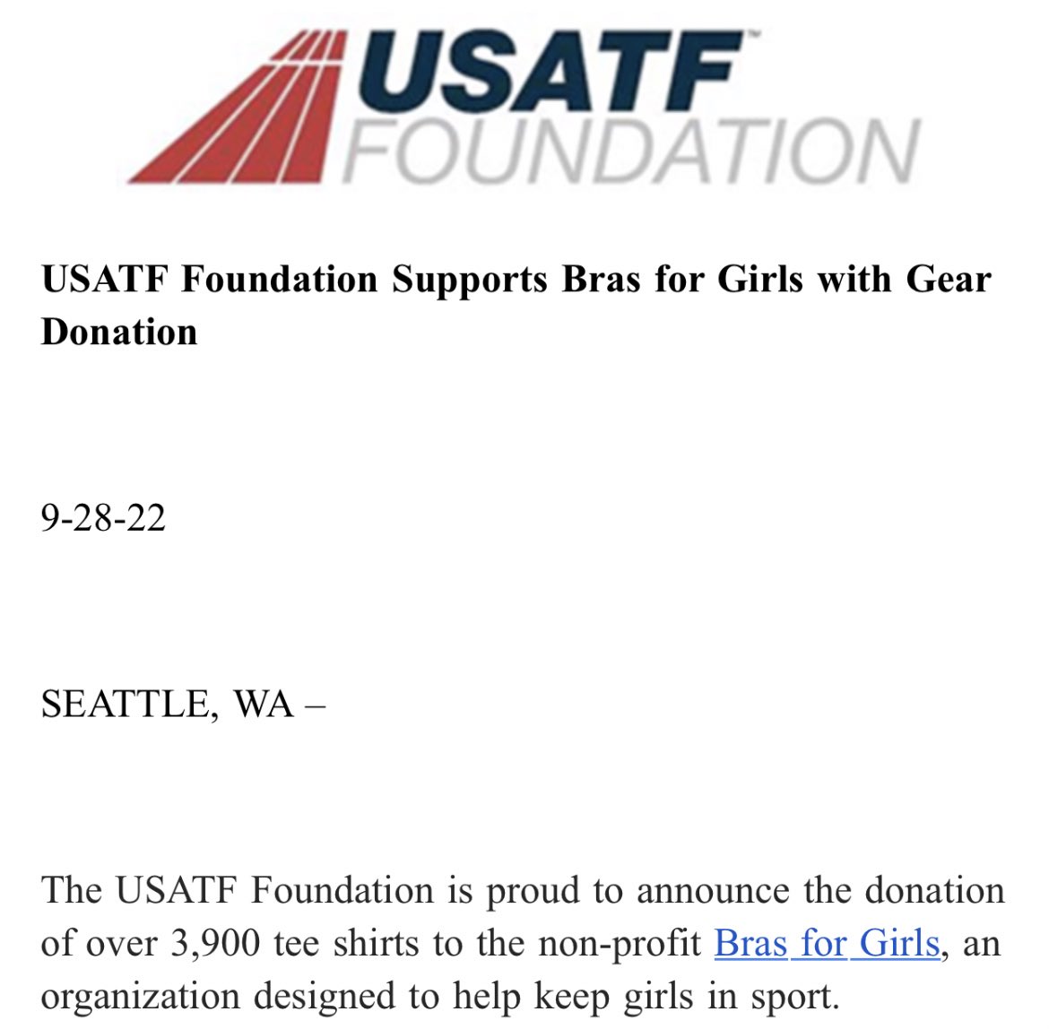 Thank you @USTrackFieldFDN for your generous donation of T-shirts to Bras for Girls!!! ❤️👚🙌🔥 It takes a village to support girls in sport!