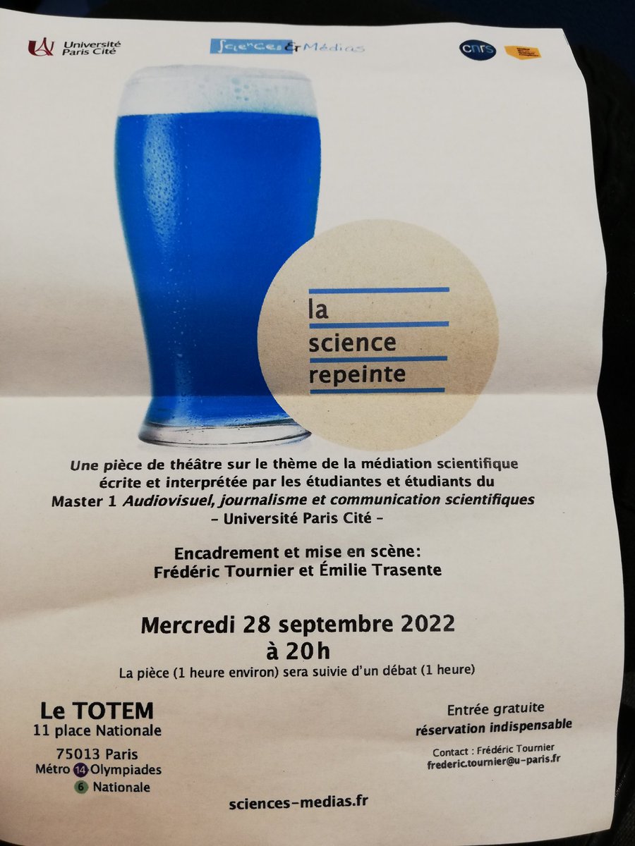 Val_Drouet's tweet photo. Super piece de théâtre ce soir sur le thème de la médiation scientifique par les étudiant.e.s du M1 Audiovisuel, journalisme et comm scientifique de @univ_paris_cite !

Et en plus énorme big up à @pintofscienceFR ❤️

Grand bravo 👏🏻👏🏻👏🏻
#SciComm https://t.co/FzUUzEitgx