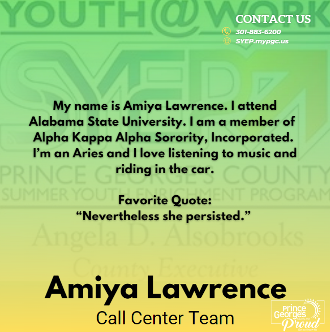 PGCSYEP's tweet photo. #PGCSYEP - Meet Youth at Work Talent Pipeline Participant Amiya Lawerence!  Prince George's County young adults are making a mark on the County!  We are #PrinceGeorgesProud #SYEPintern #ThankYou #AlphaKappa Alpha https://t.co/h9DXzBOGoE