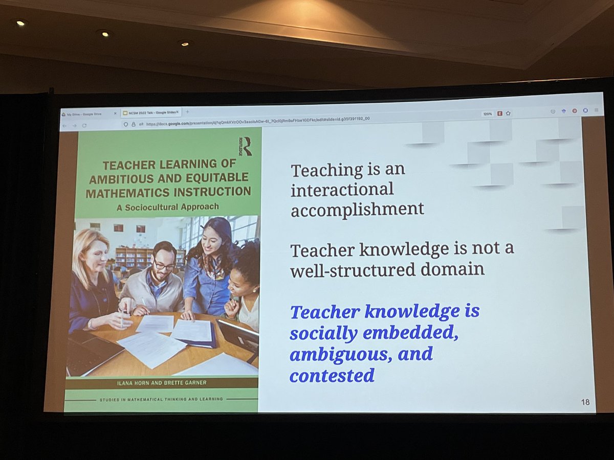 jnovakowski_'s tweet image. If the goal is ambitious and equitable mathematics instruction, we need to have an expansive notion of what good teaching is, that includes opportunities for responsiveness, reflection and paying attention to sociology-cultural contexts. @ilana_horn @MathEdLeaders #NCSM22