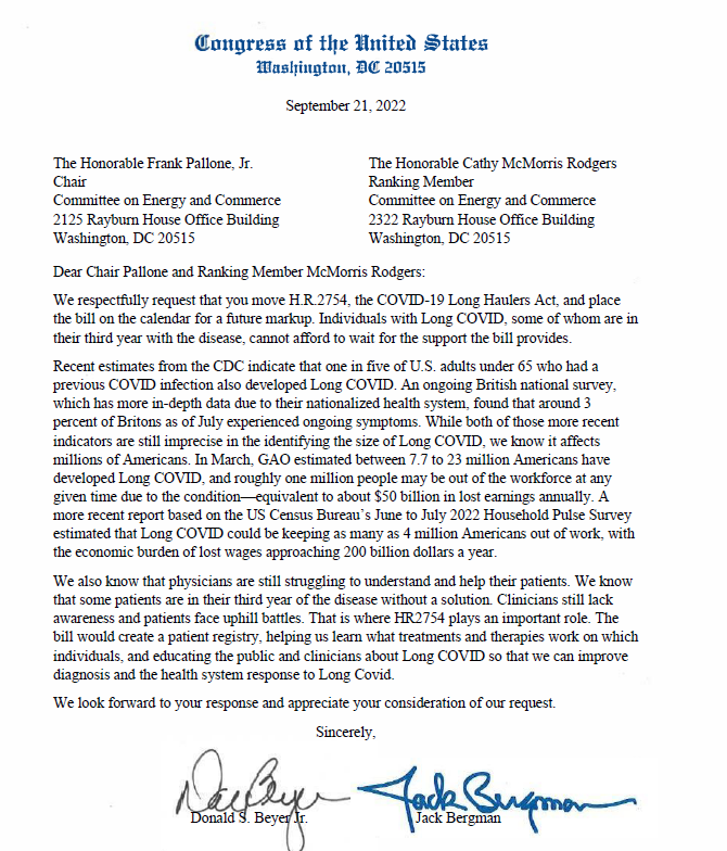 RepDonBeyer's tweet photo. A huge number of Americans are suffering from the effects of Long Covid. This problem and the people it affects get far less attention than they deserve. I am working with colleagues in both parties to push House leaders for increased support for people suffering from Long Covid: https://t.co/XRZGB52UGj