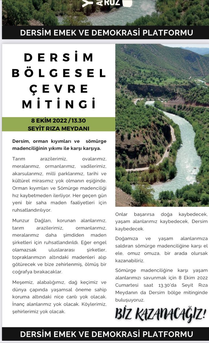 Sömürü ve talan düzenine karşı yaşasın örgütle mücadelemiz, doğa ve ekolojiye duyarlı herkese çağrıdır.
#dersim #ekoloji