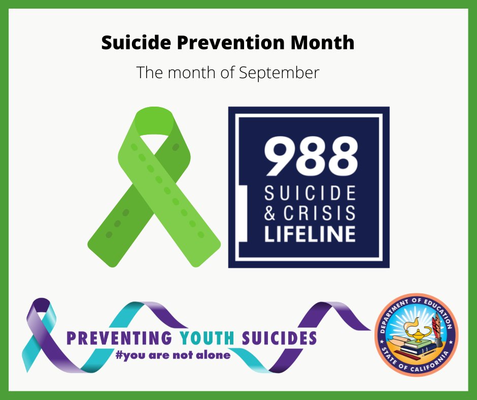 CA Department of Education (@cadepted) on Twitter photo Anyone who needs suicide or mental health-related crisis support, or who has a loved one in crisis can dial 9-8-8 for free, 24/7 support <a href="/988Lifeline/">988 Suicide & Crisis Lifeline</a>. #SuicidePreventionMonth
Visit the CDE Youth Suicide Prevention web page for more resources: cde.ca.gov/ls/mh/suicidep… Anyone who needs suicide or mental health-related crisis support, or who has a loved one in crisis can dial 9-8-8 for free, 24/7 support <a href="/988Lifeline/">988 Suicide & Crisis Lifeline</a>. #SuicidePreventionMonth
Visit the CDE Youth Suicide Prevention web page for more resources: cde.ca.gov/ls/mh/suicidep…