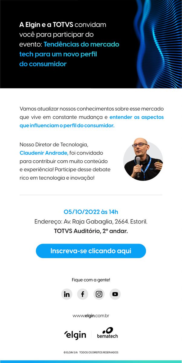 Este encontro está imperdível! Vagas Limitadas, o Auditório tem restrições de “lotação” por isso não fique de fora!
Teremos um CoffeBreak com os parceiros para Networking e sortearemos três produtos Elgin nesta ocasião!

forms.gle/gELN8nXw6WCfKS…