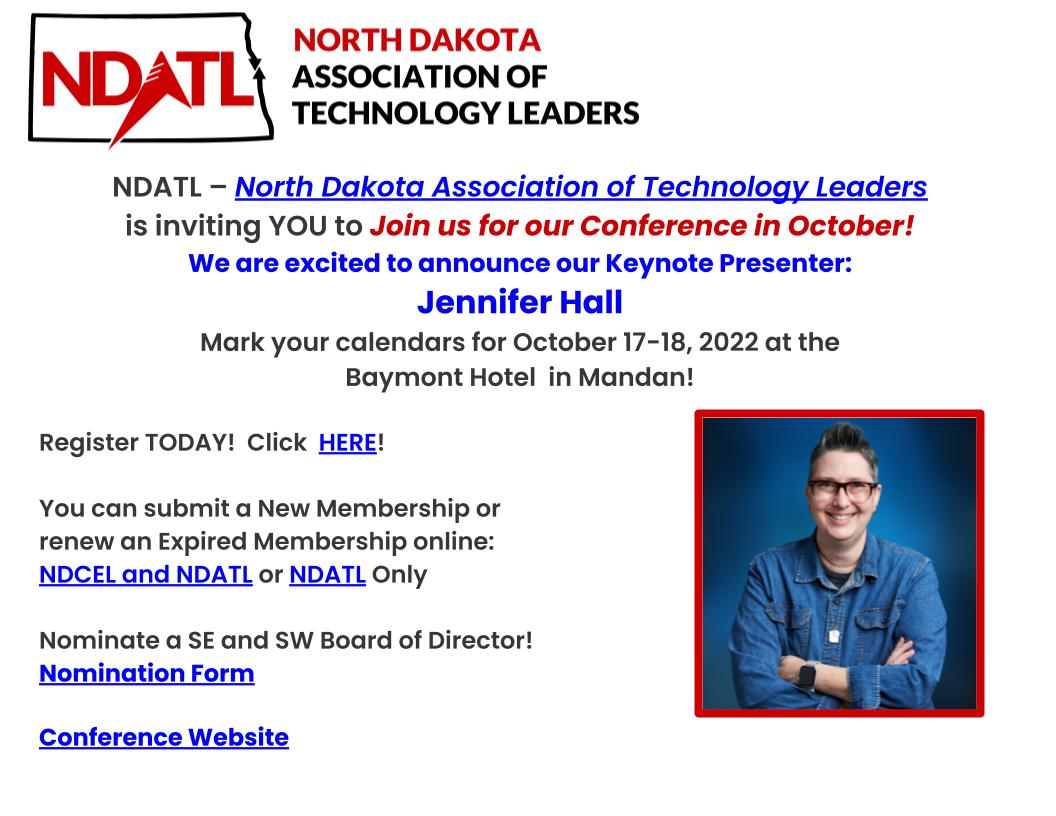 Visit our Conference Website! sites.google.com/view/ndatl-con…
To Register and Join us for our Conference in October!
Keynote Presenter: Jennifer Hall
October 17-18, 2022 in Mandan!

Also, nominate a SE and SW Board of Director!  Form found on the NDATL Website:  sites.google.com/view/nd-associ…