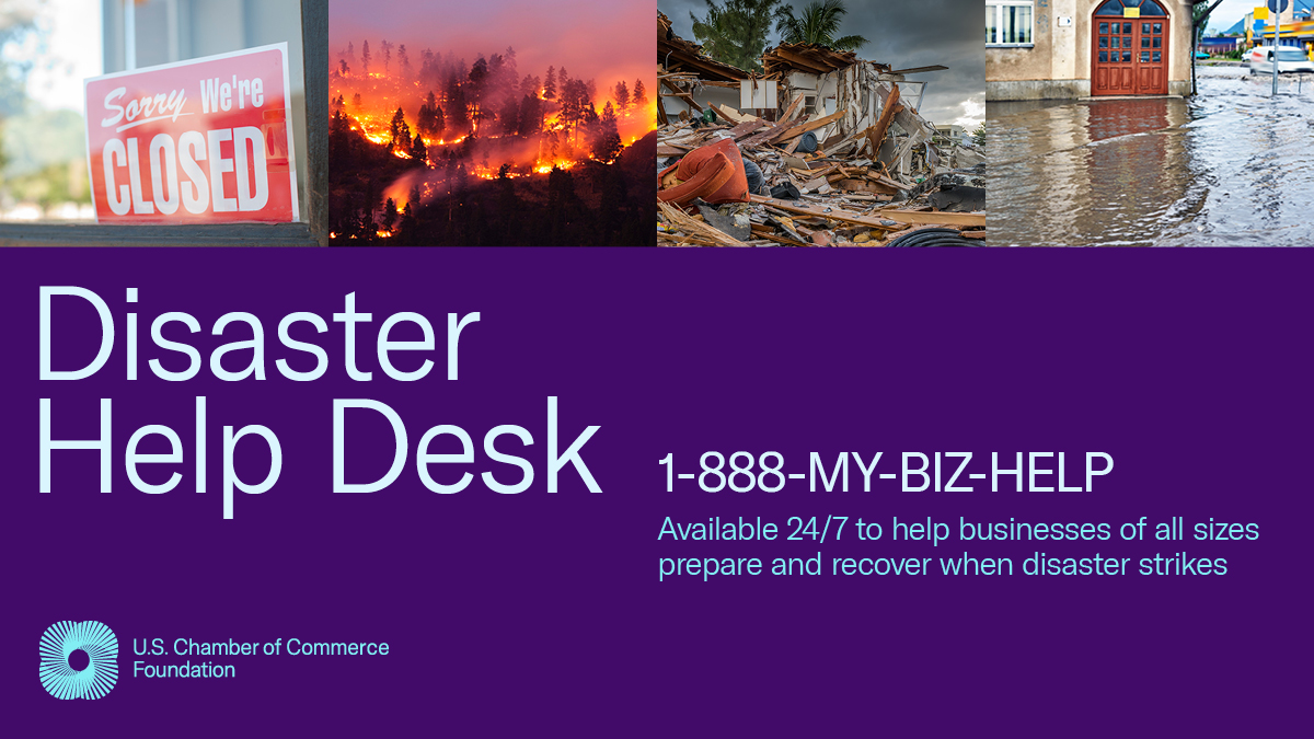 As communities prepare &amp; recover from the impacts of #HurricaneIan, we have resources to help businesses get through this uncertain time, including our 24/7 Disaster Help Desk. Call 1-888-MY-BIZ-HELP: uscc.foundation/3p6eUb0