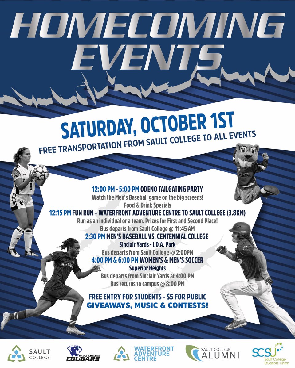 CougarsSault's tweet image. HOMECOMING loading…🎉
Don’t forget there’s FREE transportation to and from the events! 
#cougarpride #cougarshomecoming #ocaa #itson @SaultCollege @CougarsBSBL