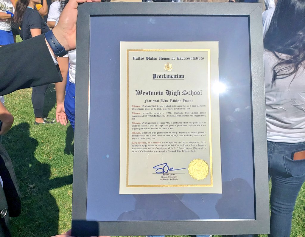 What an amazing Westview HS showcase event for a 2022 National Blue Ribbon celebration! The event included a parade w/ teams &amp; clubs, performances by cheer, dance, choir, band, plus speeches! 
<a href="/RepScottPeters/">Rep. Scott Peters</a> <a href="/usedgov/">U.S. Department of Education</a> <a href="/SecCardona/">Secretary Miguel Cardona</a> <a href="/NatlBlueRibbon/">National Blue Ribbon</a> <a href="/PowayUnified/">Poway Unified</a> <a href="/ernieremillard/">Ernest Remillard</a>