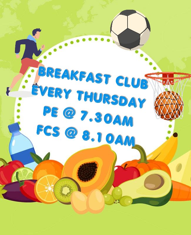 BREAKFAST CLUB REMINDER 🚨

📅- EVERY THURSDAY

⏰-7.30am to 8.30am (FCS from 8.10am)

📌- PE &amp; <a href="/BishopbriggsFCS/">Bishopbriggs FCS</a> 

📄- Football⚽️, Basketball🏀, Badminton🏸, Trampolining🤸‍♂️, Fitness🏋, Table Tennis🏓 &amp; more 💥

🍞- FREE BREAKFAST

📃- Alarm set? Uniform &amp; PE Kit packed? Good.