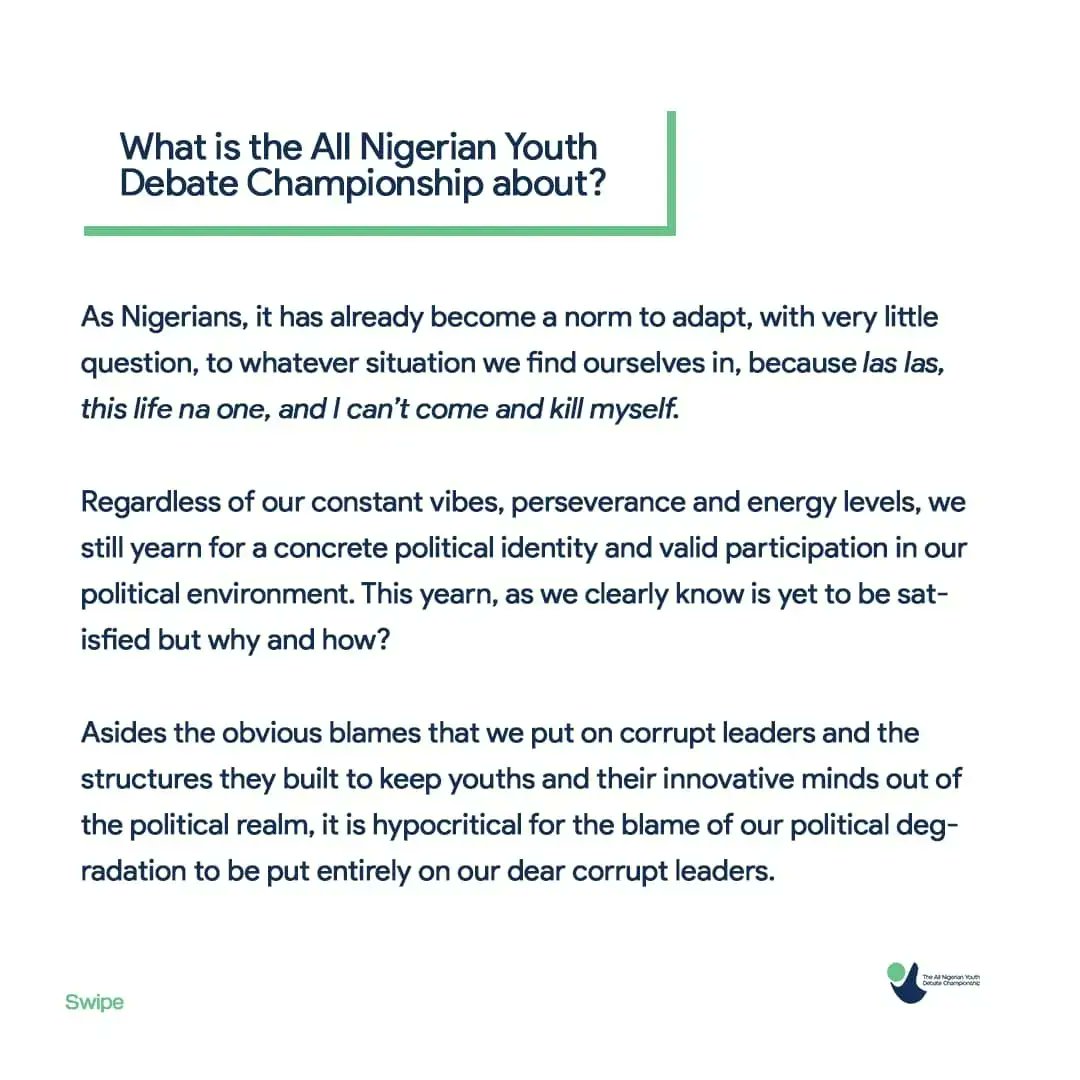 thedebaterverse's tweet photo. You've been waiting and asking, and now, we've delivered!
Check out the slides below and grab a sneak peak of the adventure the All-Nigerian Youth Debate Championship (ANYDC) has in store for you.
#ANYDC #BPDEBATE https://t.co/2gcwW1Ef72