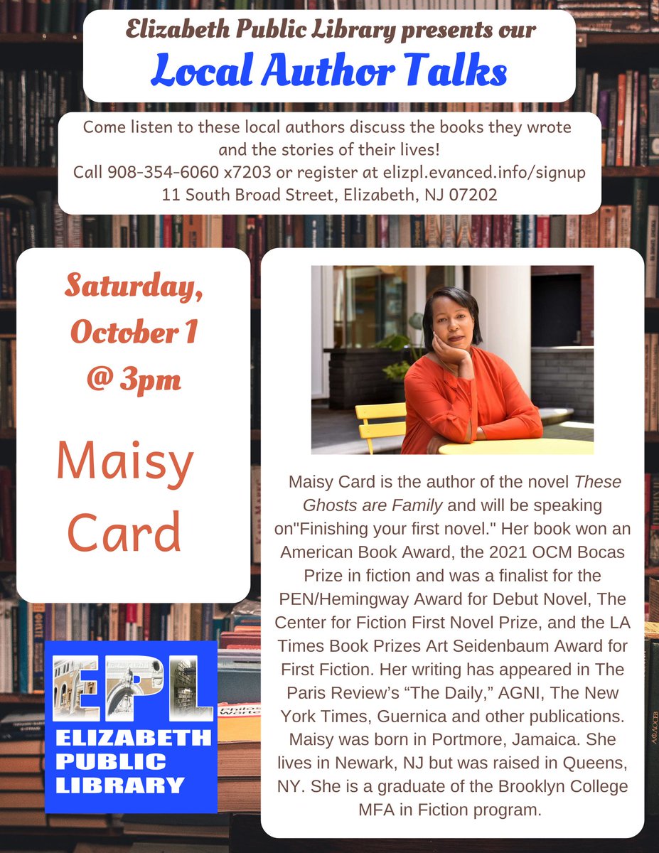 EPLNJ's tweet image. Join us this Saturday at 3pm at the Elizabeth Public Library . #MaisyCard is an award-winning author of These Ghosts are Family.
#LocalNJAuthor #TheseGhostsAreFamily