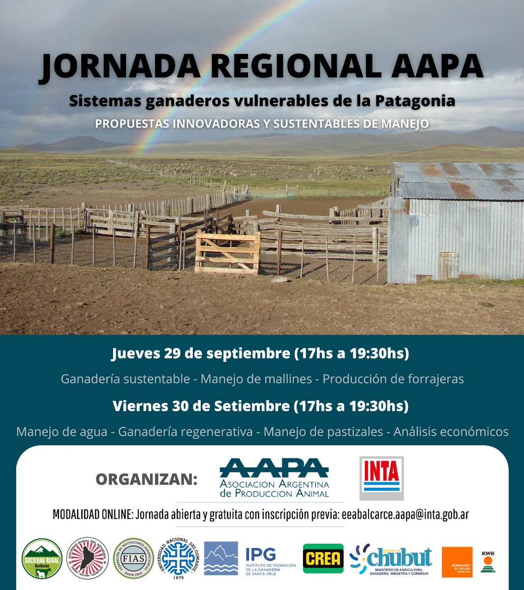 #AgendaINTA Jornada regional: Sistemas ganaderos vulnerables de la Patagonia 📅29 y 30 de septiembre de 17:00 a 19:30 hs Jornada virtual y gratuita Inscripciones👉bit.ly/3BUKFJ9