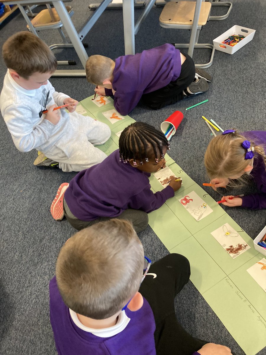 Mrs_Greig's tweet photo. “Oh no! It’s a gruffalo!” 
P1a @StMonicaMilton are learning to sequence a story. We helped each other to put the pictures in order. Then we worked in groups to create story boards. Finally, we retold The Gruffalo in our own words using loud, clear voices! 📖 🌟 ❤️ https://t.co/5OgXQyiOEA