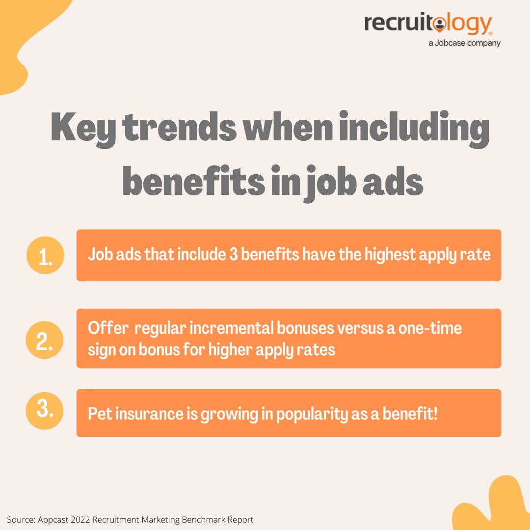 3 trends when it comes to including benefits in your job description! 

Learn more about our recruitment solutions - request a demo today! recruitology.com 

#SmartSoftware #Recruitology #recruitingtechnology #ArtificialIntelligence