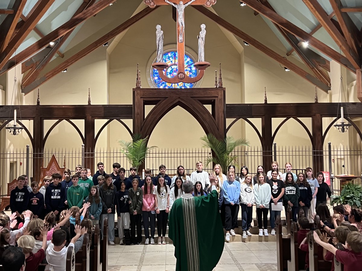 OLASchoolATL's tweet photo. Our Eighth-grade students left for a three day retreat today. Before their departure they shared breakfast with their parents and attended mass. They received a special blessing from Father Kevin and the Kindergarten and First-grade students. Please keep them in your prayers. https://t.co/f9Sh6CARAH