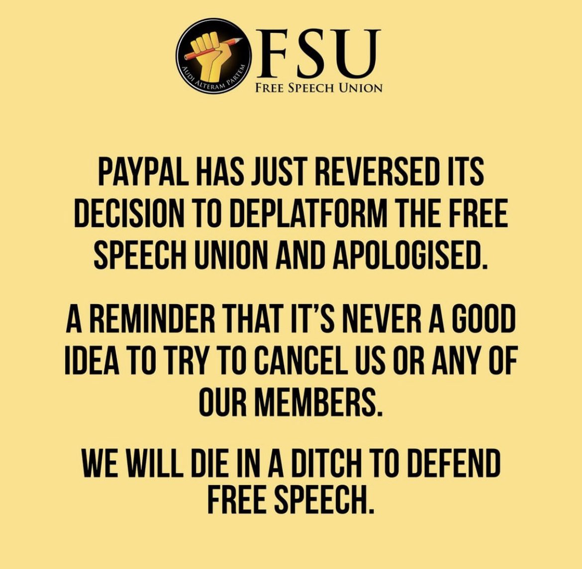 We’re glad to see @SpeechUnion’s @PayPal account has been reinstated. 

We are still banned, for all wondering amidst this news. 

#BoycottPayPal