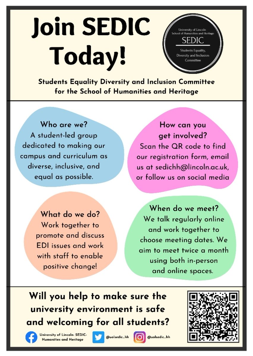 Are you interested in making a difference within the School of Humanities and Heritage? Join SEDIC today!! We are a Student run Equality, Diversity and Inclusion Committee.

<a href="/ULHistory/">History at University of Lincoln</a> 
<a href="/ArtHistoryUoL/">ArtHistory_Lincoln</a>
<a href="/LincolnEnglish/">Lincoln English</a>
<a href="/ALiuzzoScorpo/">Dr Antonella Liuzzo Scorpo</a> 
<a href="/Bethany74305879/">Bethany Stokes</a> 
@caryhobbs_98