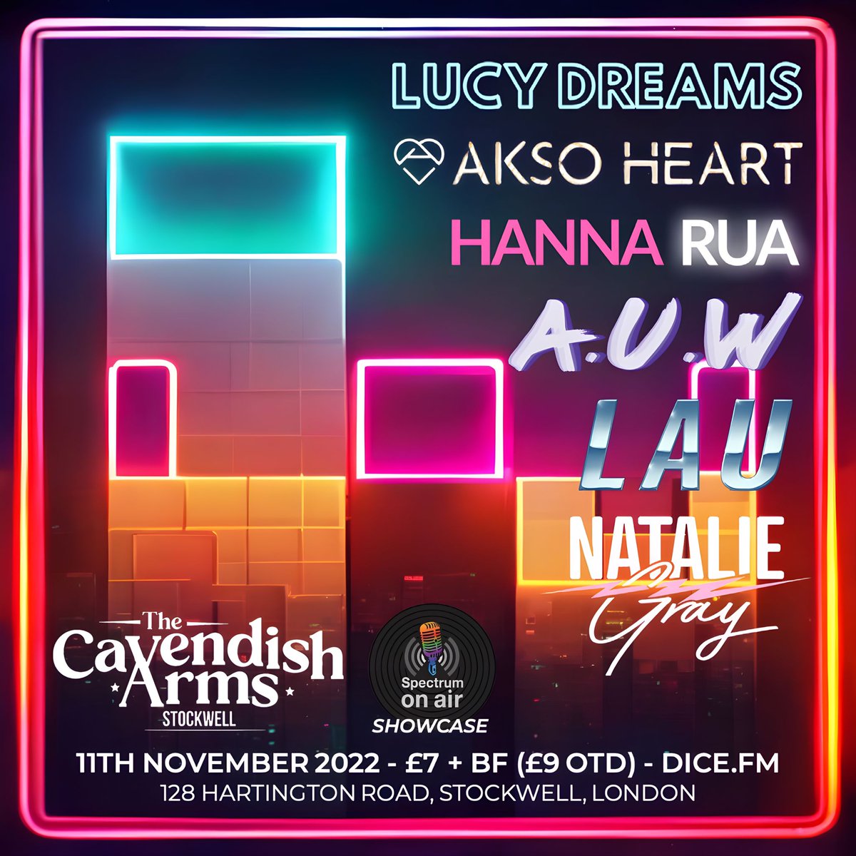 AUW music (@auwmusic) on Twitter photo Hi everyone - we have 2 gigs lined up at the <a href="/CavendishArms/">The Cavendish Arms</a> Stockwell London in November!
One comes with @aztec_records artists on the 11th at the <a href="/SpectrumOnAir1/">Spectrum On Air</a> showcase; <a href="/Hannaruamusic/">HANNA RUA</a> <a href="/lau_fares/">โก๏ธ LAU โก๏ธ Retrowave - Synthpop</a> <a href="/NatGrayMusic/">Natalie Gray (she/her)</a> <a href="/AksoHeart/">Akso Heart</a> & <a href="/LucyDreamsdp/">Lucy Dreams</a>
Tickets ๐ซโก๏ธ dice.fm/event/kr269-thโฆ Hi everyone - we have 2 gigs lined up at the <a href="/CavendishArms/">The Cavendish Arms</a> Stockwell London in November!
One comes with @aztec_records artists on the 11th at the <a href="/SpectrumOnAir1/">Spectrum On Air</a> showcase; <a href="/Hannaruamusic/">HANNA RUA</a> <a href="/lau_fares/">โก๏ธ LAU โก๏ธ Retrowave - Synthpop</a> <a href="/NatGrayMusic/">Natalie Gray (she/her)</a> <a href="/AksoHeart/">Akso Heart</a> & <a href="/LucyDreamsdp/">Lucy Dreams</a>
Tickets ๐ซโก๏ธ dice.fm/event/kr269-thโฆ