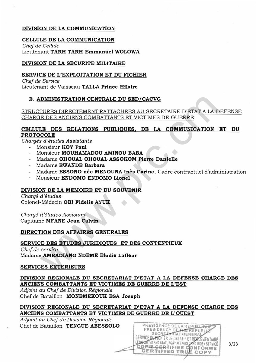 PR_Paul_BIYA's tweet photo. Arrêté N°0786/CAB/PR portant nomination de responsables au Ministère de la Défense.
#PaulBiya
#Cameroun
(1/6) https://t.co/7SH9MUOPVa