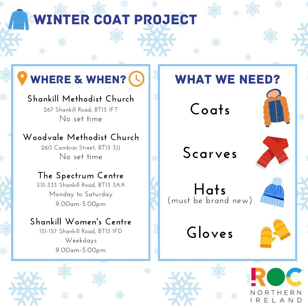 As well as Carnalea Methodist becoming a new project location, a few new donation points have been added on the Shankill Road!

If you have any coats/hats/scarves/gloves feel free to drop them at any of these locations!

#rocwintercoatproject #rocwintercoat #costoflivingcrisis