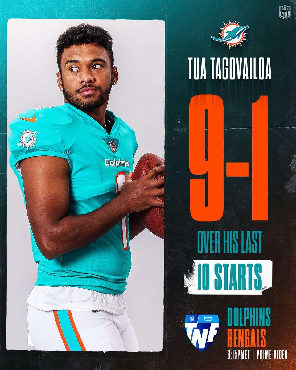 NFL's tweet photo. .@Tua-finity and beyond 🐬

#MIAvsCIN— Tonight 8:15pm ET on Prime Video
Also available on NFL+ https://t.co/fK7vaWiHIa https://t.co/FYkruSjVrp
