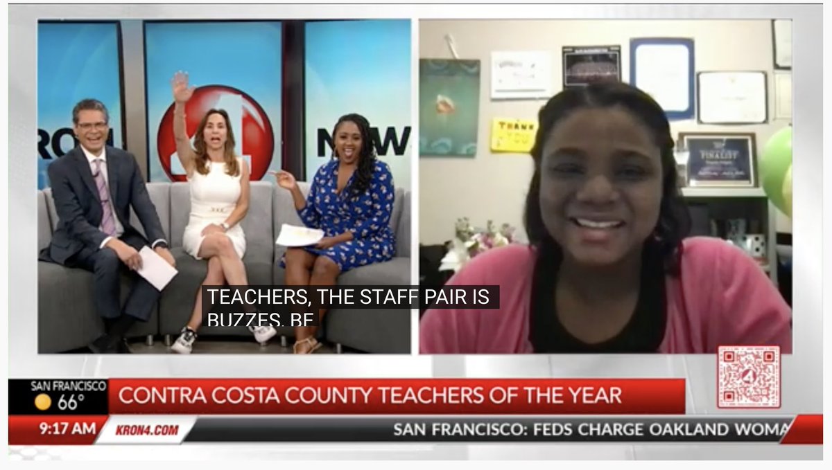 KRON 4's Morning News congratulated Chavonta Edington and Natasha Paul for being selected as Contra Costa County's 2023 Teachers of the Year. Chavonta did a live interview. Watch the interview at this link: youtu.be/GFwmerpq6FE
#CCCOE #TeachersoftheYear #LearnLeadAchieve #TOY