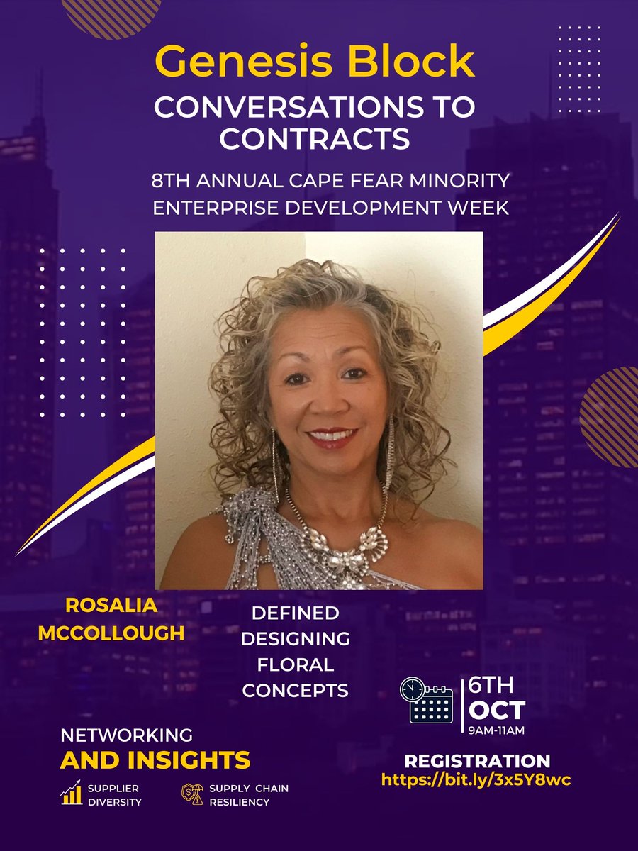 <a href="/block_ilm/">Genesis Block ILM</a>   Converting to Contracts is excited to present our  Diverse Owned Business Exhibitors that will be featured at the <a href="/wilsoncentercf/">Wilson Center at CFCC</a> 

Meet Rosalia McCollough owner of Defined Designing Floral Concepts.

Register here zcu.io/R2ks 

#florist #smallbusiness