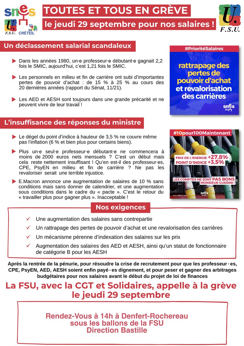 ✊
5 raisons de faire grève demain pour un prof :
1⃣-15 à -25% de salaire en 20ans
2⃣2,2 SMIC en 1980, 1,1 SMIC en 2022 pour un prof débutant
3⃣ Salaire inférieur de 23,9% aux autres cat. A de la FPE
4⃣+3,5% du pt d'indice VS inflation à 7%
5⃣ Macron= revalo contre ↗️ du tps de W