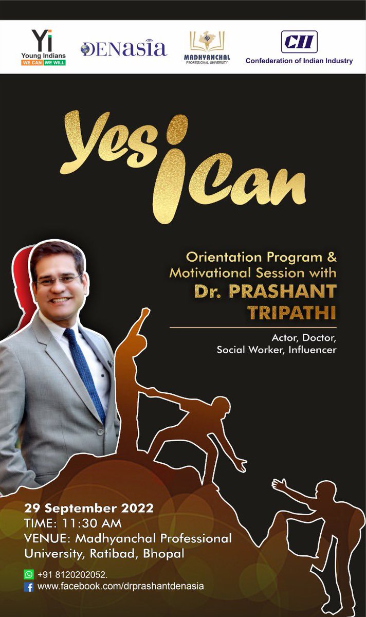 DrPrashantDSSDH's tweet photo. Invited as a Motivational speaker #yesican #inspirationalspeaker #motivationalspeech  #drprashanttripathi #actor #denasia #denasiasuperspeciality #madhyanchalprofessionaluniversity #yi #cii https://t.co/GXfYnHLgG1