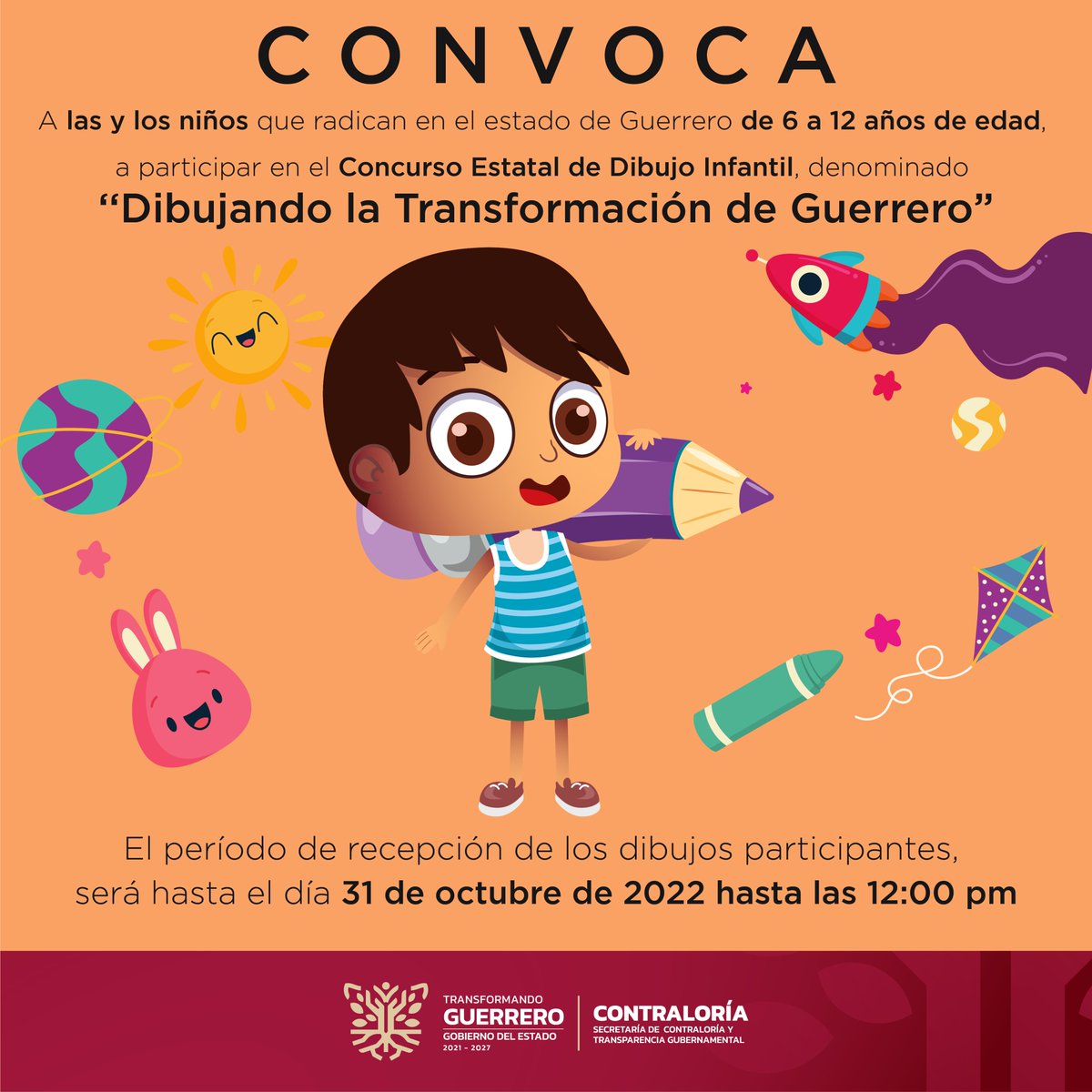 Participa en el concurso estatal de dibujo “Dibujando la Transformación de Guerrero”, dirigido a niños y niñas de 6 a 12 años de edad radicados en el estado de Guerrero. Consulta las bases en: guerrero.gob.mx/articulo/dibuj… #DibujandoGuerrero