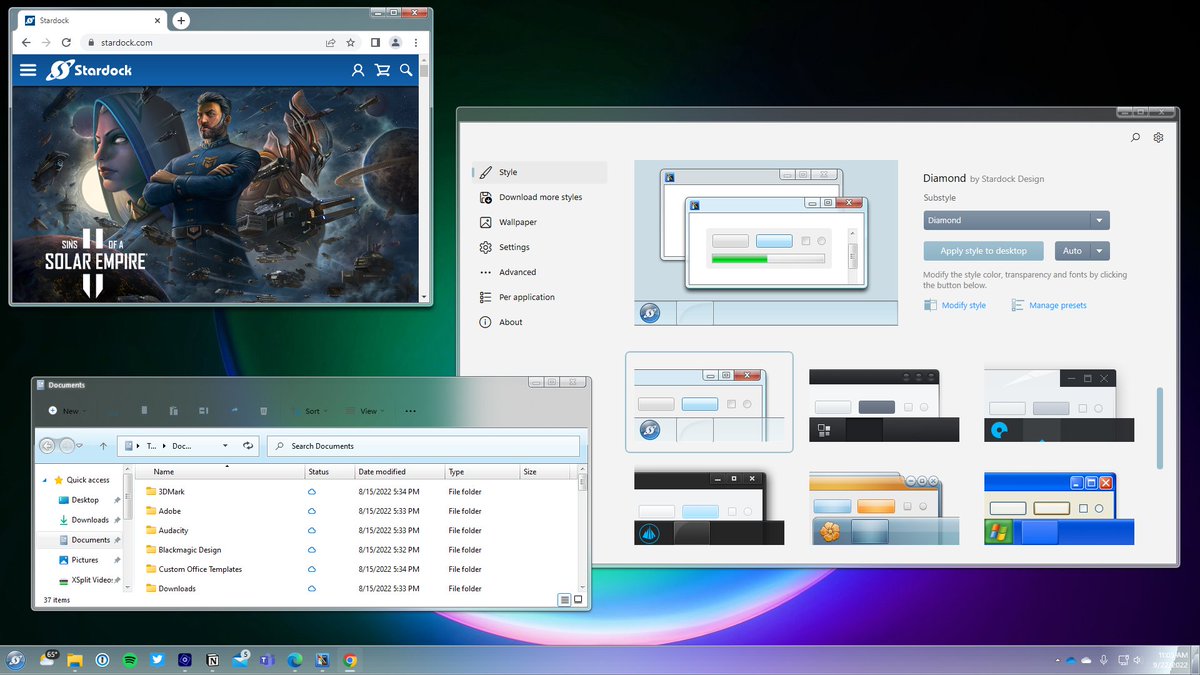 Stardock's tweet photo. NOW ANNOUNCING: WindowBlinds 11! Customize the look and feel of the Start menu, taskbar, window frames, and control buttons with custom desktop interface themes called skins on Windows 10 and Windows 11. A public beta is available right now: https://t.co/cSsPt7T8JT https://t.co/5MOQJg6nx2